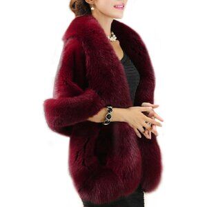 ✨Old Dlrd Women's Red Winter Faux Fur Coat Cloak Cape Shawl for Evening Party